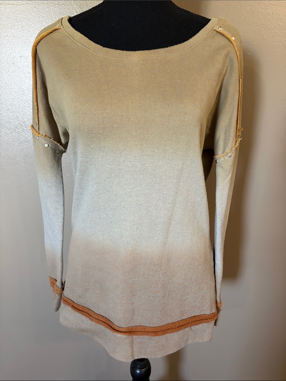 VENUS Beige Ombre Long Sleeve Top with Tan Contrast Trim Oversized Crew Neck